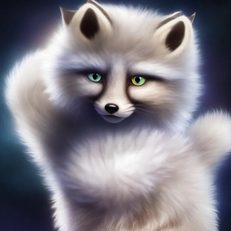a fluffy alien creature that is a mix between a cat and an arctic fox, marbled light and dark fir, light eyes, cute, digital photography, in a cave. Best ai image generators