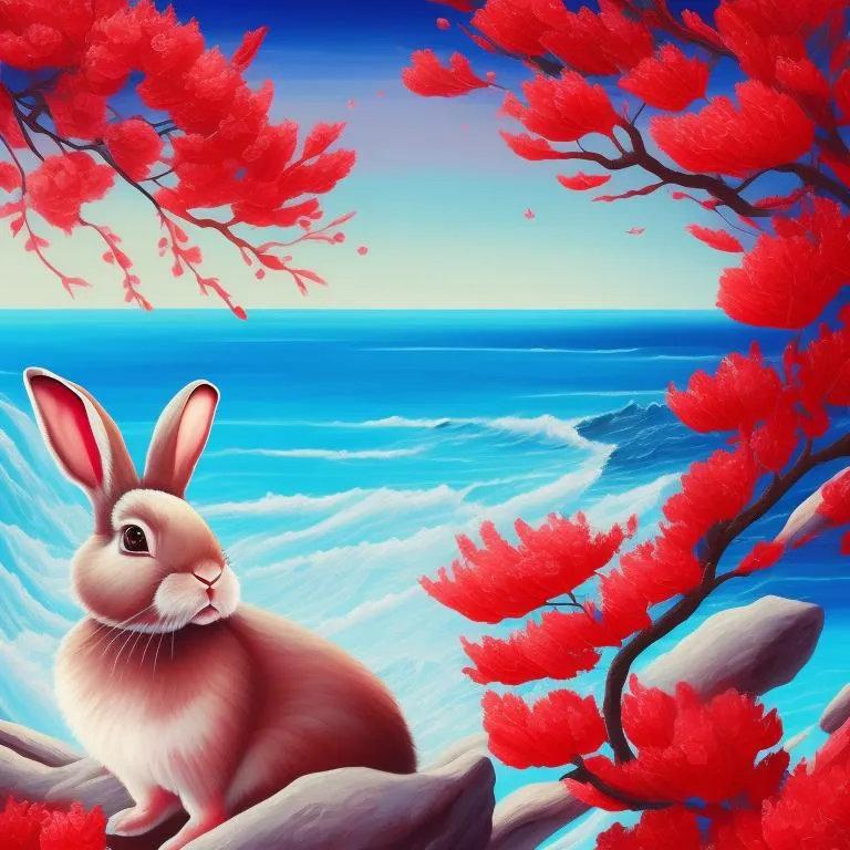 Modern Acrylic painting, a bunny, ocean cliff, red blossom branch, whimsical atmosphere, ((surrealism)), (abstract), intricate brush strokes, beautiful lighting, intricate details, Unreal Engine, creative, detailed, colorful, digital art, HW*. Midjourney prompts